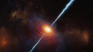 Drawing of an accretion disk with relativistic jets.