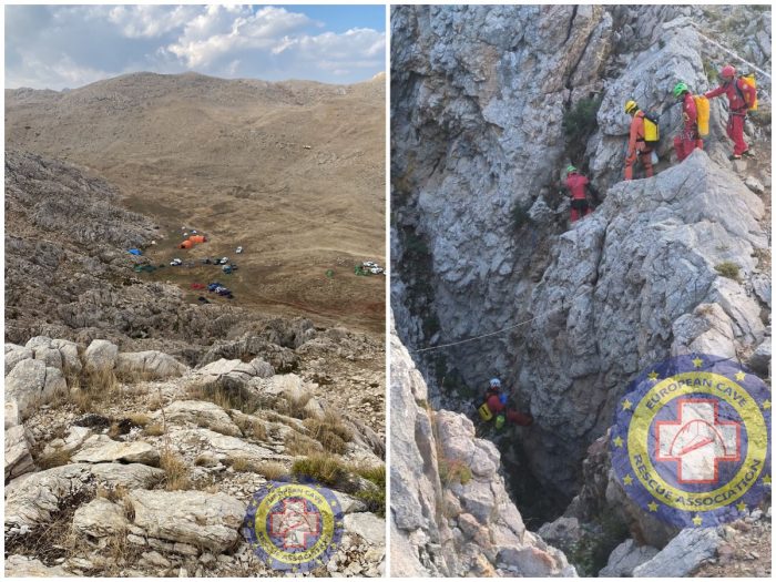 a cave rescue in progress (left and right)