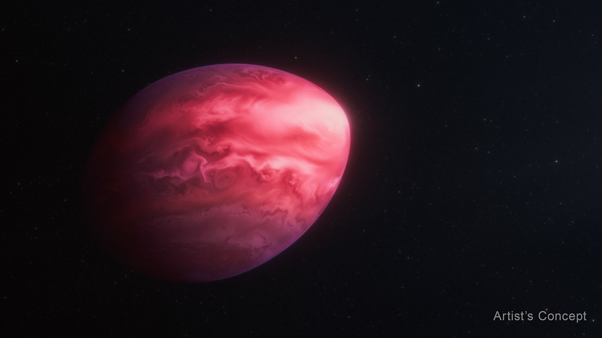 An illustration of a pink, Jupiter-like planet distorted into a lemon.