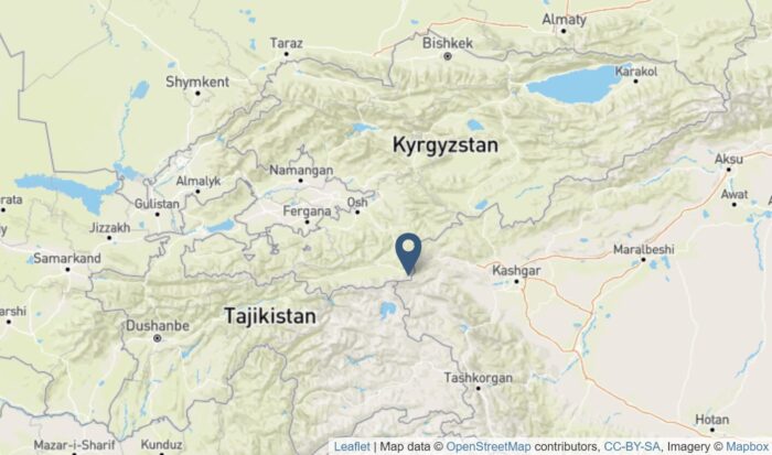 A map of central Asia with a point located in Kyrguizstan, near China and Tajikistan. 
