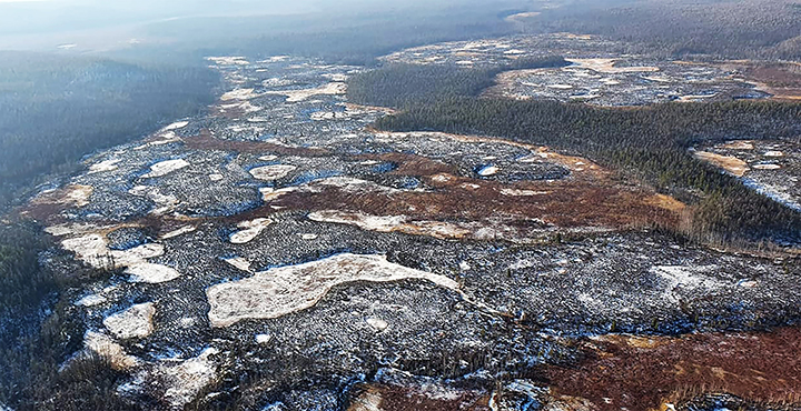 Winter aerial view of the epicentre of the Tunguska event in Siberia, Russia. Photo: Tungussky Nature Reserve